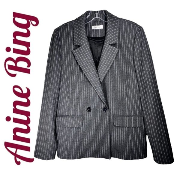 ANINE BING Becky Gray Pinstriped Blazer Double Breasted Menswear, Size 6 - Picture 2 of 15